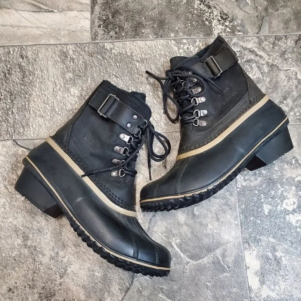 Sorel Fancy Lace II Black Oiled Suede Leather Winter Snow Duck Boots Woman's 9‎